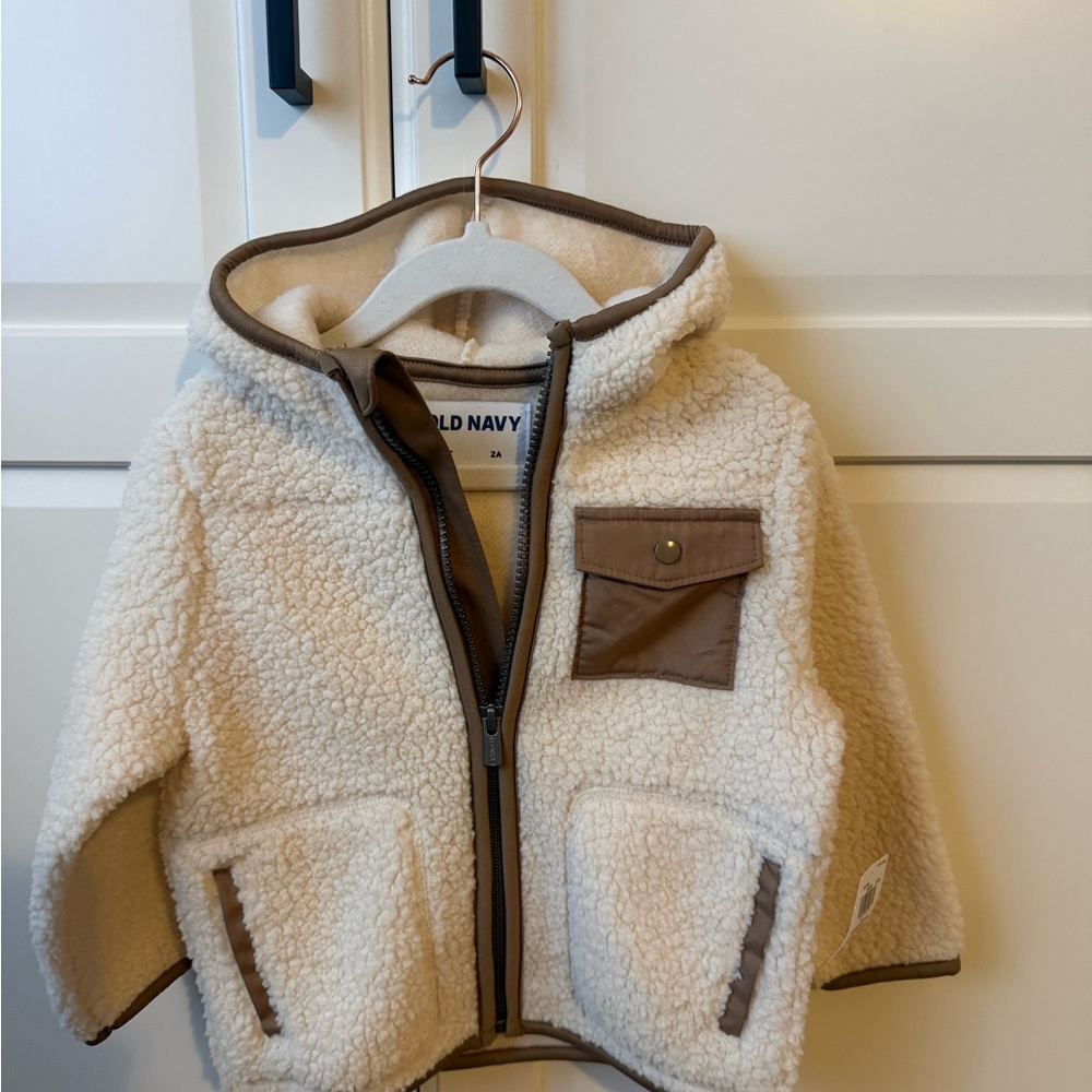 Old Navy Cream Sherpa Hooded Jacket with Brown Trim - Kids